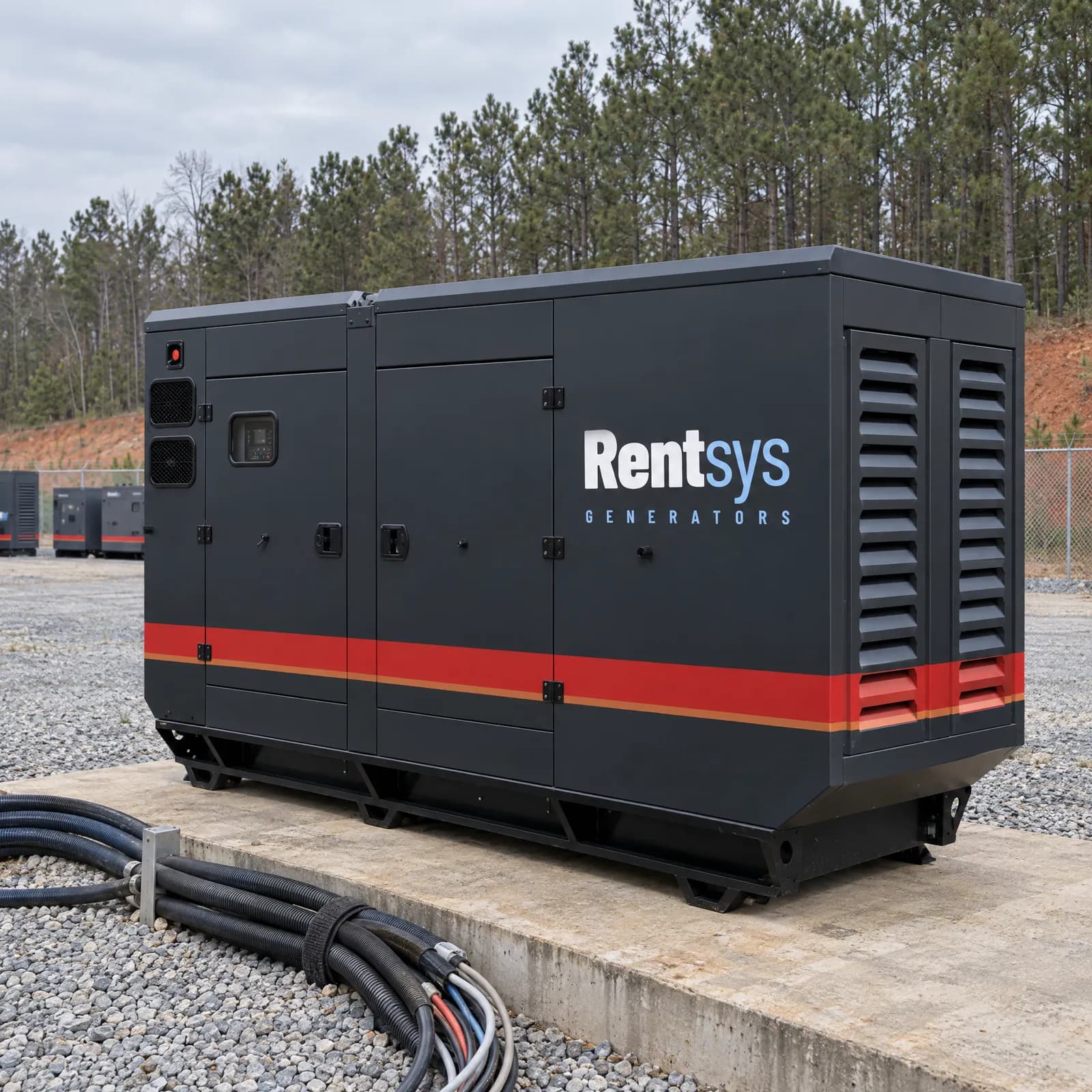 Rentsys large enclosed generator on a concrete pad with power cables